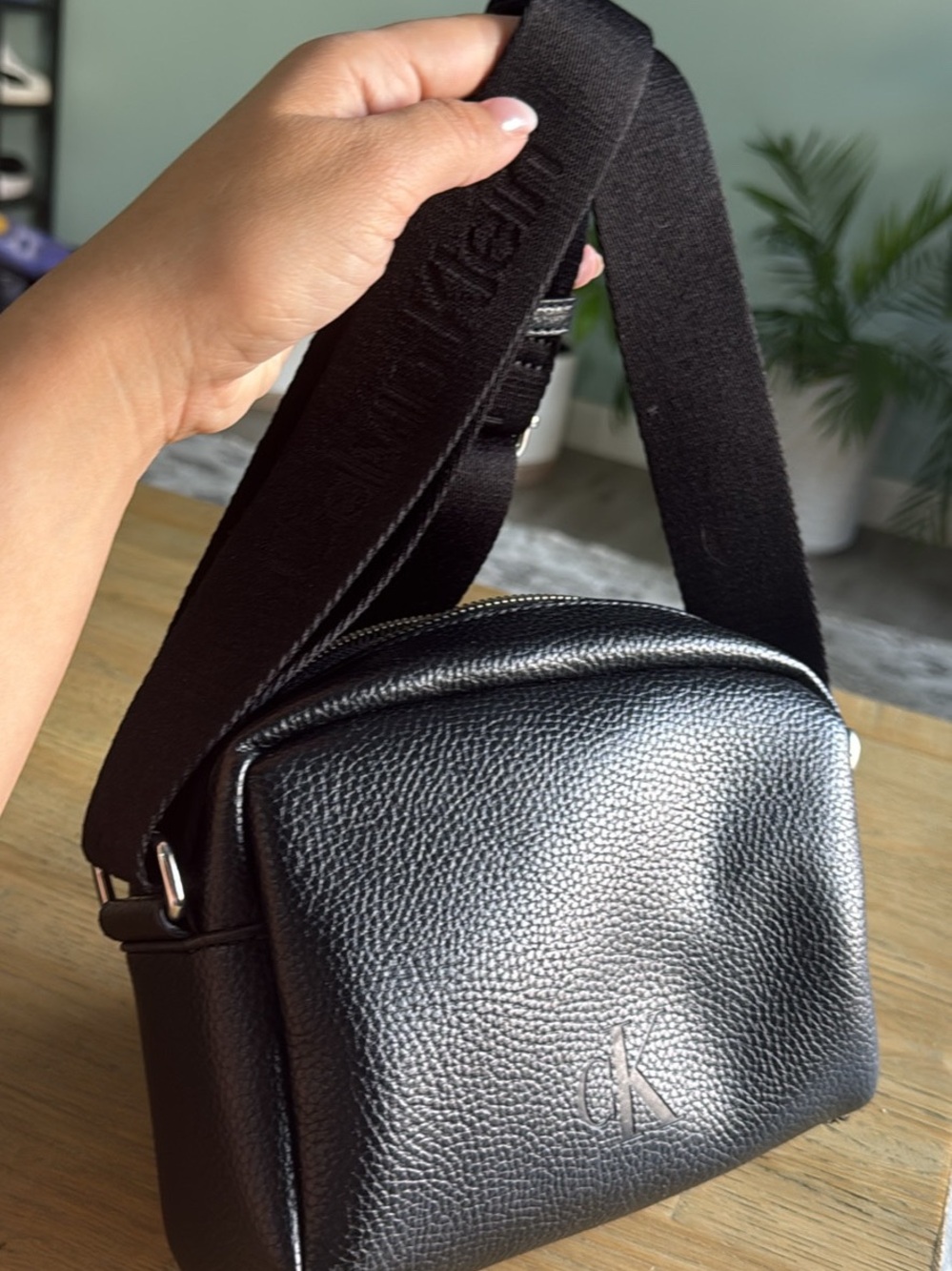Calvin Klein Black Pebbled Leather Belt Bag with Wide Strap